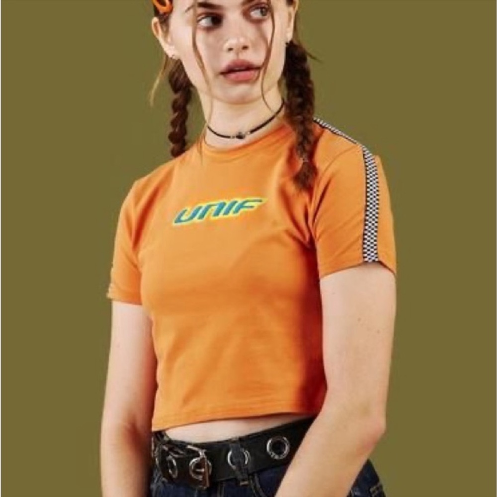 UNIF Orange derby crop top, stretchy short sleeve tee shirt racer stripes